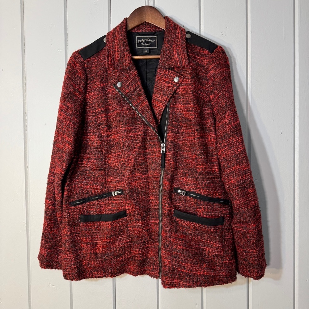 Lucky Brand red and black tweed moto jacket‎ asymmetrical zip closure. Size L